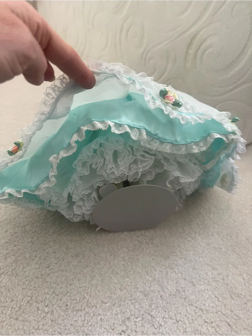 Vintage Collectible Mint Green Porcelain Doll Floral Headpiece BasketCollectible